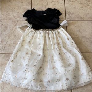 Black velvet, cream, and gold embroidered dress